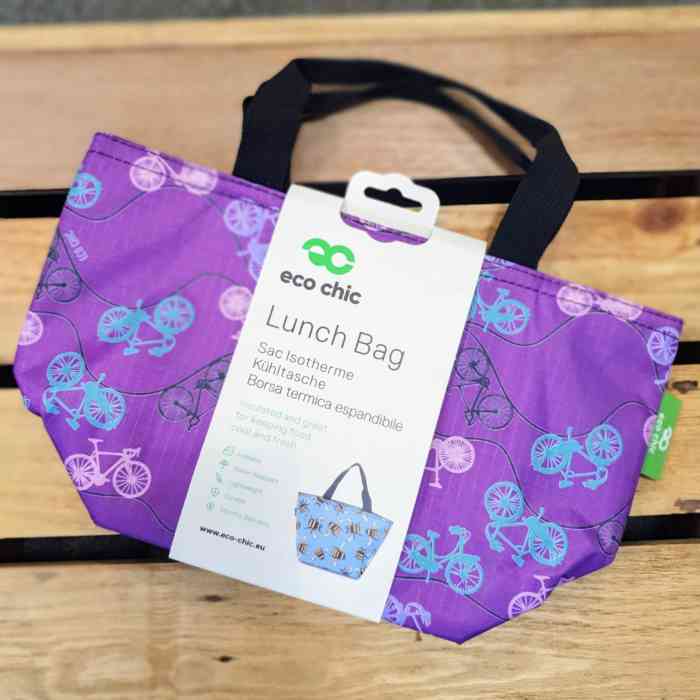eco chic lunch bag bikes purple